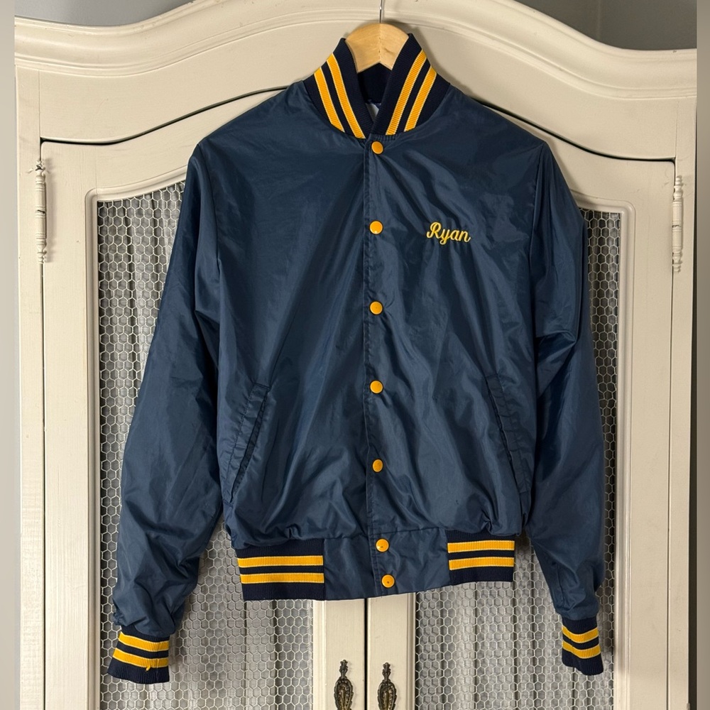 Classic Rennoc Unisex Vintage Retro 90’s Navy Satin Baseball Bomber Jacket